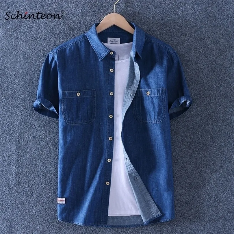 Schinteon Summer Men 100% Slub Cotton Shirt Short Sleeve Thin Slim Casual Denim Comfortable Shirt Two Front Pockets