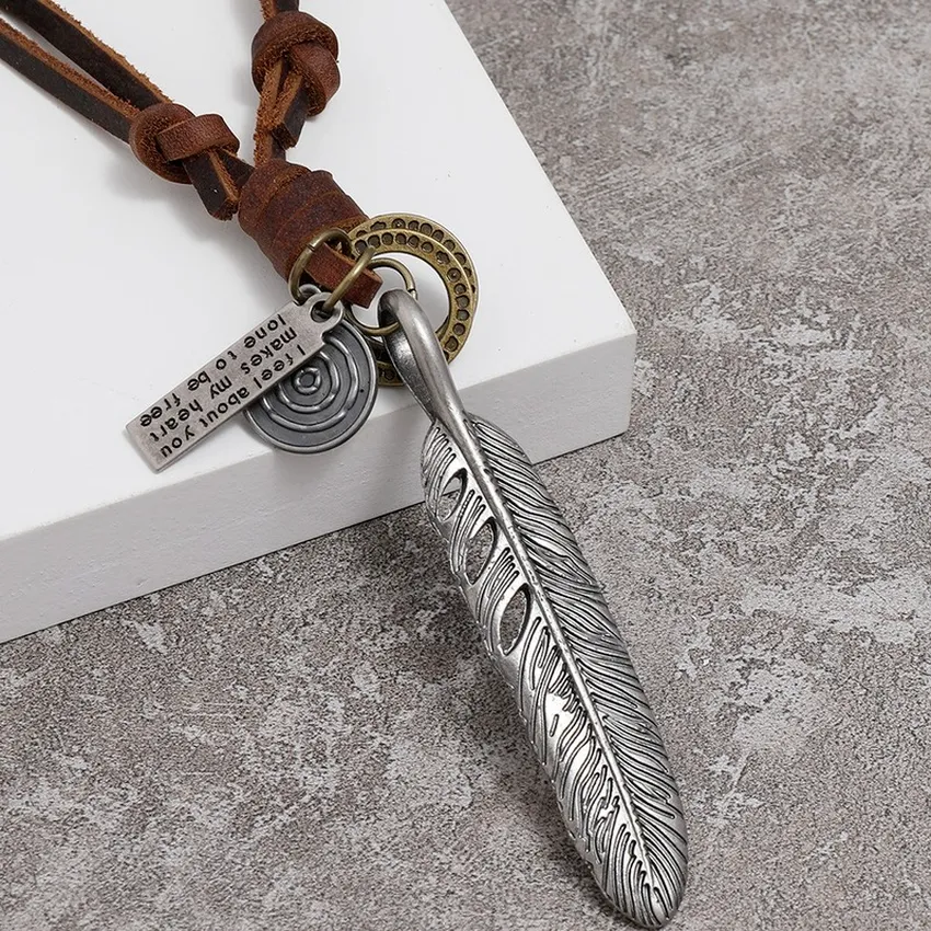 Bird Feather Necklace Ancient Silver Letter ID Ring Charm Adjustable Chain Leather Necklaces for Women Men Punk Fashion Jewelry Gift