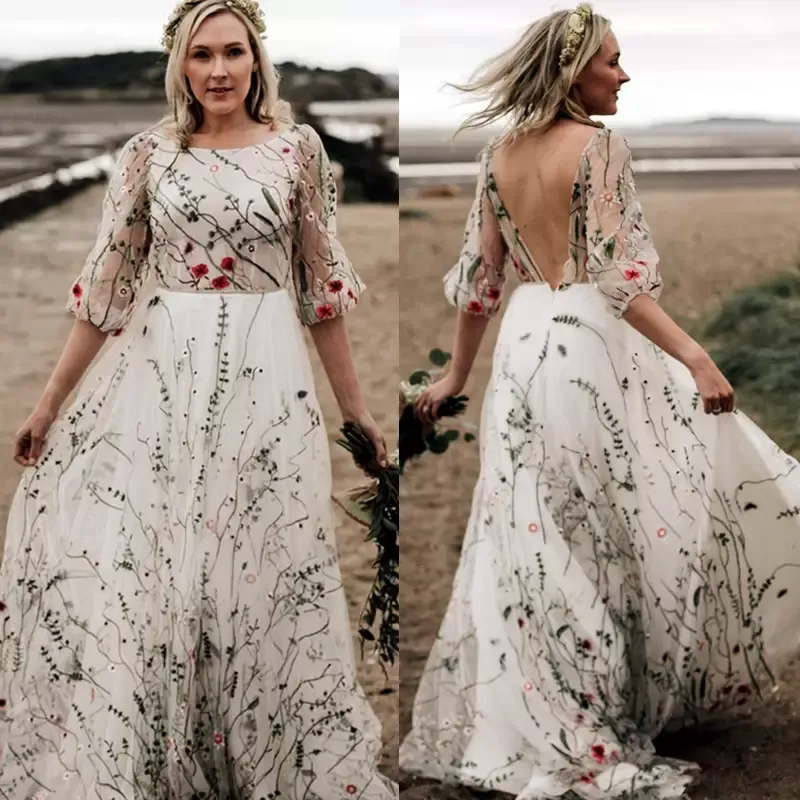 Abiti da sposa Boho Abito da sposa A Line Scollo rotondo Mezze maniche Ricamo Tulle V Indietro Lunghezza del pavimento Vestido De Novia Custom Made estido