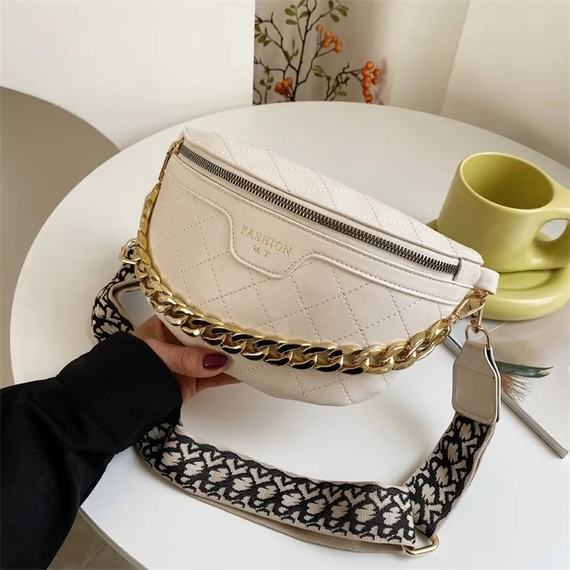 Diamond Lattice Pu Leather Midjeväskor för kvinnor Lyxig tjock kedja Fanny Packs Kvinnlig midjepaket Wide Strap Crossbody Belt Bag 220513