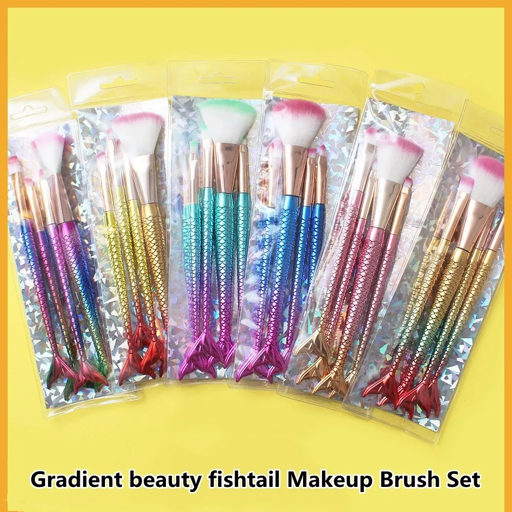 Gradient Mermaid Makeup Brush Set 4 Pcs Fishtail Electroplating Gold-Plated Facial Brush Sets