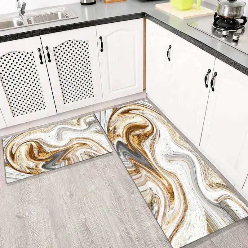 Carpets Abstract Marble Kitchen Floor Mat Modern Nordic Golden Black Luxury Carpet Rug Bedroom Room Decorations Anti-Slip Doormat