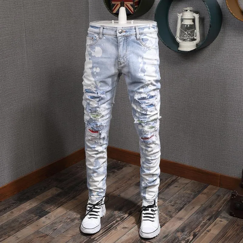 Men's Jeans Fashion Streetwear Men Light Blue White Paint Designer Ripped Patchwork Destroyed Pencil Pants Hip Hop