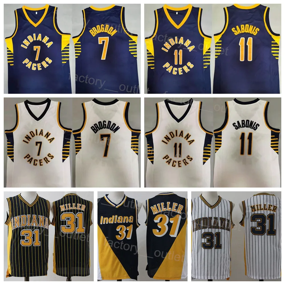 Men Basketball Malcolm Brogdon Jersey 7 Domantas Sabonis 11 Reggie Miller 31 Vintage Retro marinha azul branco amarelo time cor da equipe