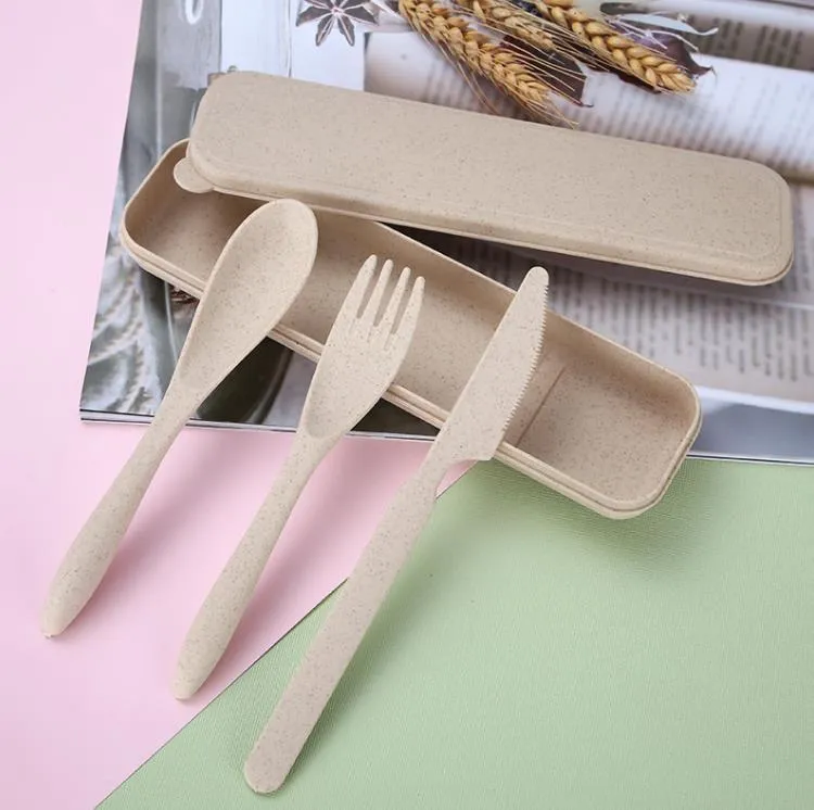 Wheat Straw Knife Fork Spoon Set Student Portable Tableware Box Cake Dessert Spoons Fruit Forks Travel Tableware SN4406