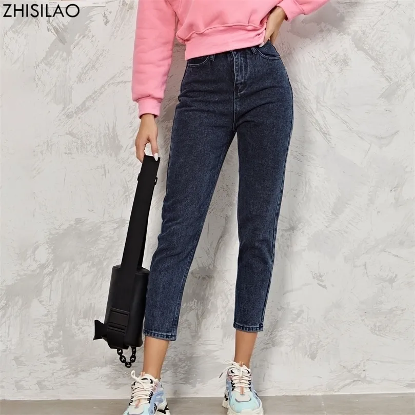 Zhisilao harem jeans byxor mode hög midja 100% bomull lös vintage blå denim höst streetwear 220402