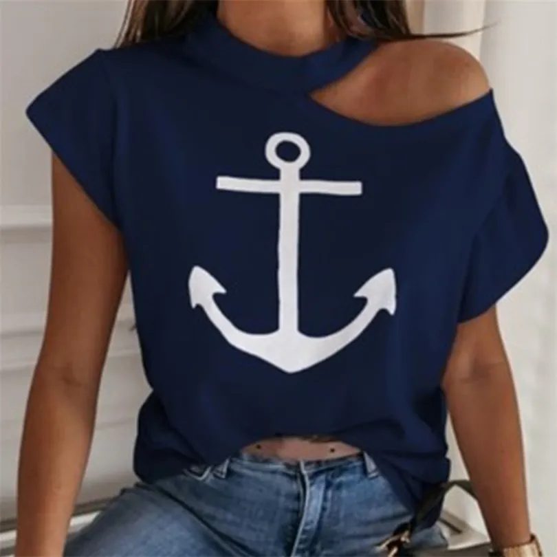 Sexy Off Shoulder T Shirt Women Anchor Print Tee Summer Short Sleeve Tops Casual Loose Halter Backless Ladies Tshirts T200614
