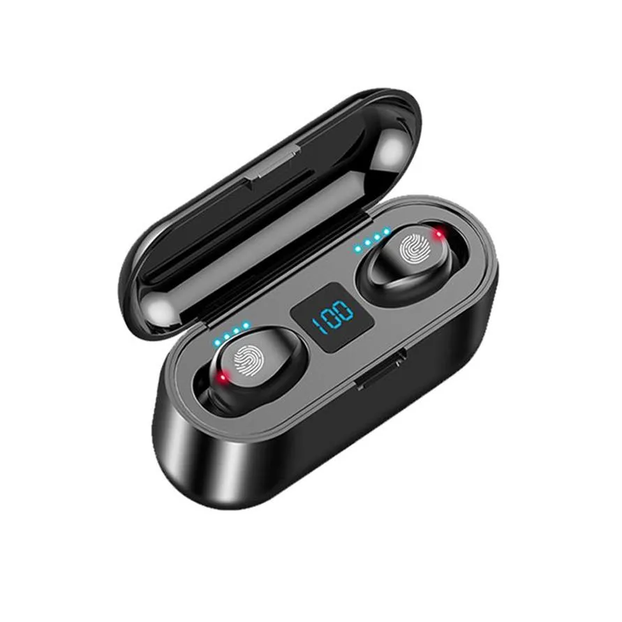 F9 TWS Wireless oortelefoons Bluetooth V 5 0 Earbuds Microfoon Sport LED Digitale power display Headset Ruisreductie Vingerafdruk T2291