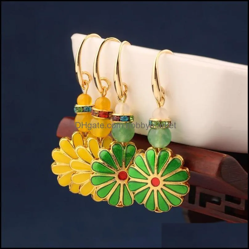 Ciondola il lampadario moda antico cristallo giallo sole fiore orecchini vintage goccia di smalto verde per le donne e la consegna dei gioielli ragazza 2021 A9
