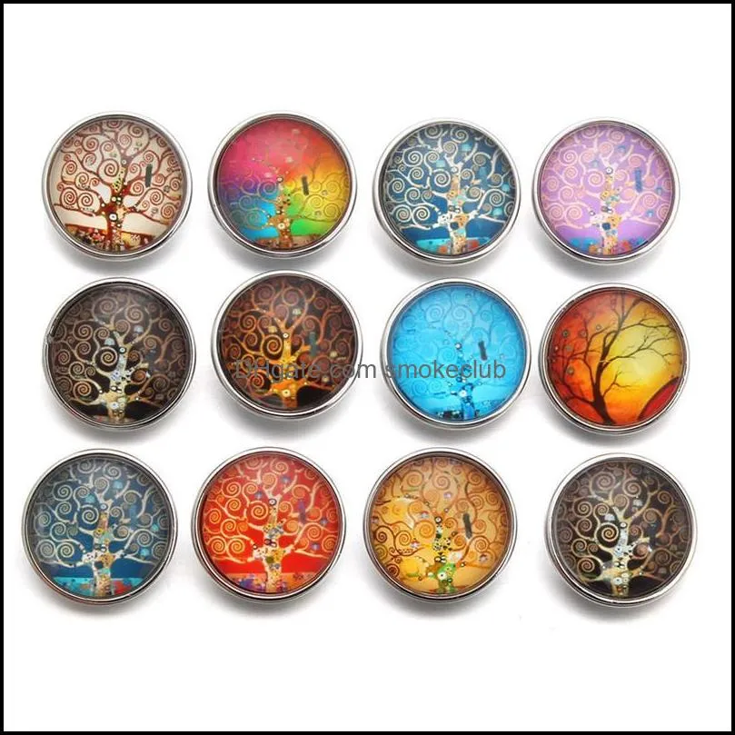 10pcs/lot Fixed Mixed Printing Tree Pattern Glass 18mm Snap Buttons Diy Findings Fit Handmade Bracelet jllixq