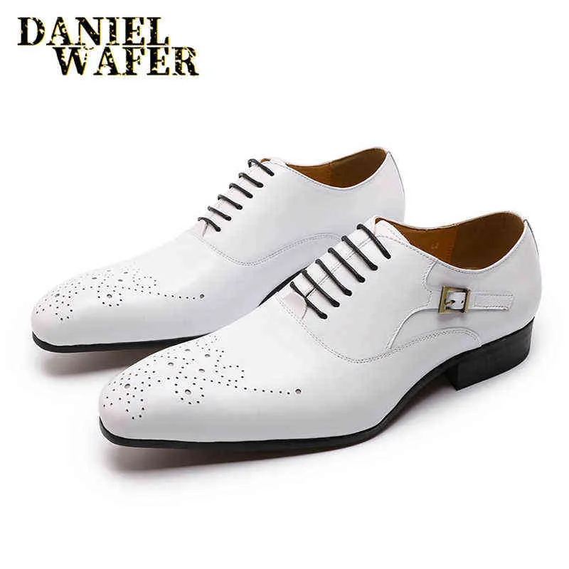 Luxuremerk Oxfords Schoen Wit zwart bruin puntige teen veter Office Business Wedding Shoes Brogues Formele mannen Leerschoenen