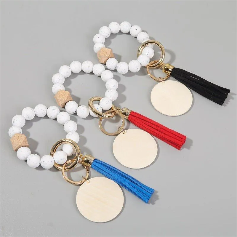 Keychains White Silicone Keychain For Keys Wooden Beads Wrist Keyrings Wholesale Anti-lost Useful Name Fashion With Tassel
