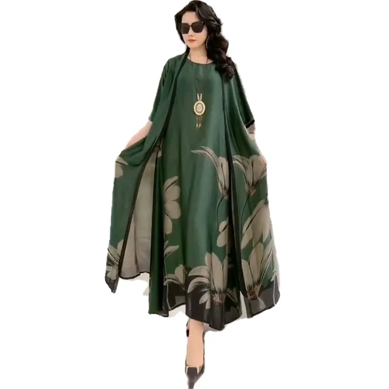 Silkklänning Twopiece Kvinnor Eleganta blommor plus storlek Casual Beach Vintage Long Mother Dress Summer Fashion 220530