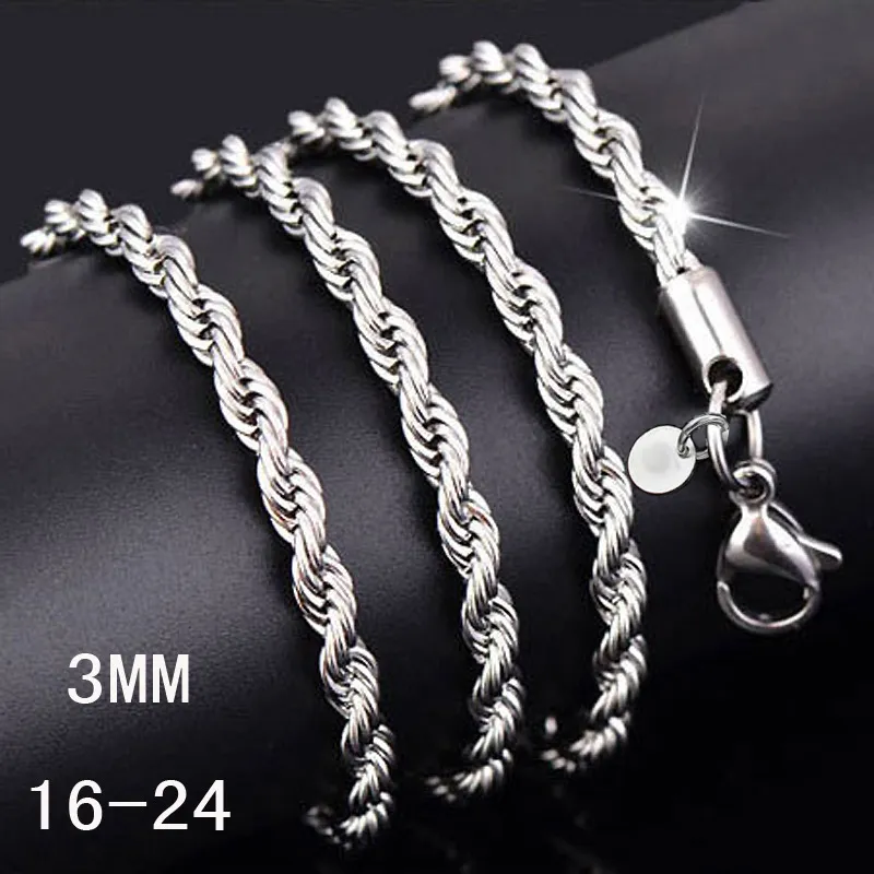 Cadenas de collar de plata esterlina 925 Bastante lindo encanto de moda 3MM Cadena de torsión de cuerda Collares hip hop Joyería 16-30 pulgadas