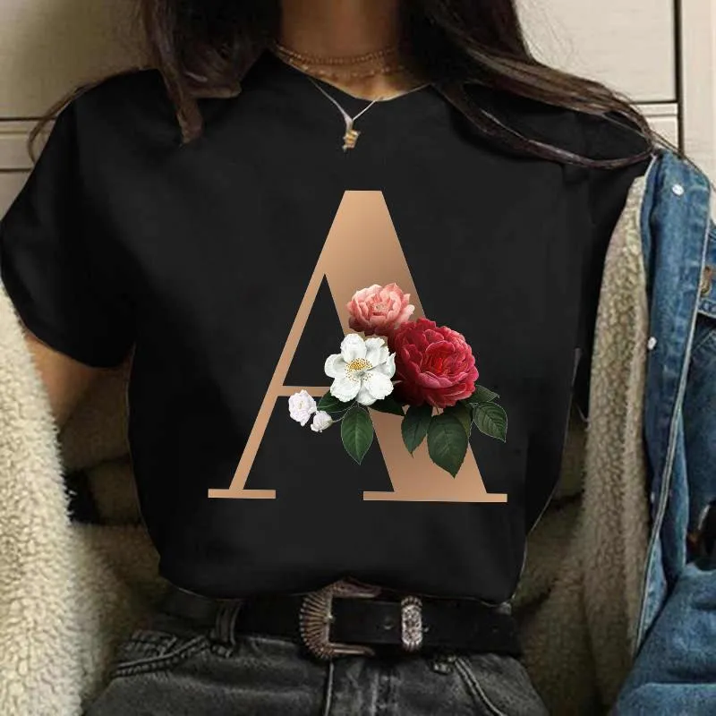 Kvinnors t-shirt mode blommor bokstav tryck svart kvinnlig lös kort ärm topp harajuku gata kvinnor vita kläder 4212 Vittvinnor