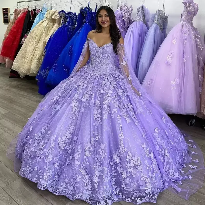 Lilac Lavender Butterfly Quinceanera Dresses With Cape Lace Applique ...