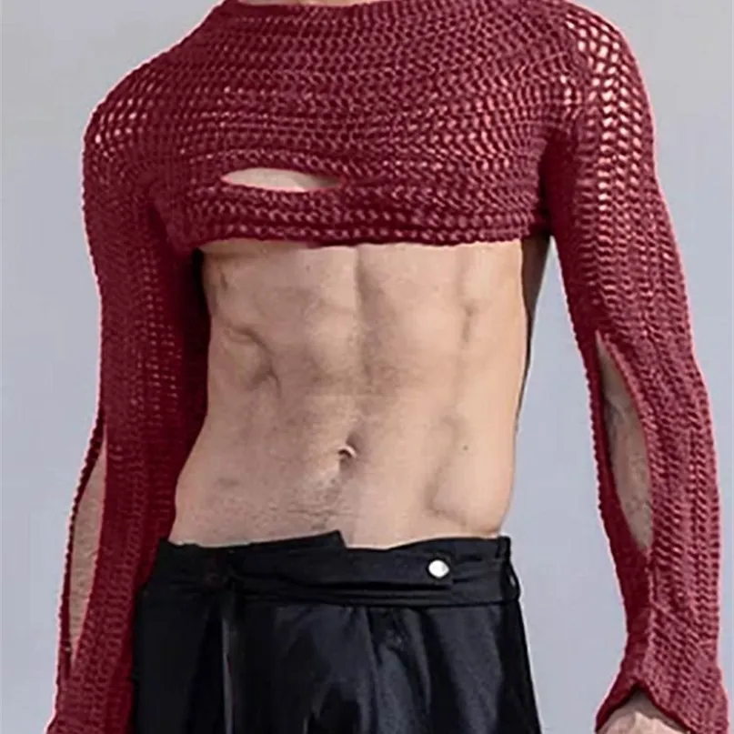 INCERUN T Shirt Mesh See Through Oneck Long Sleeve Streetwear Hollow Out Irregular Crop Tops Sexy Casual Men Clothing 220811