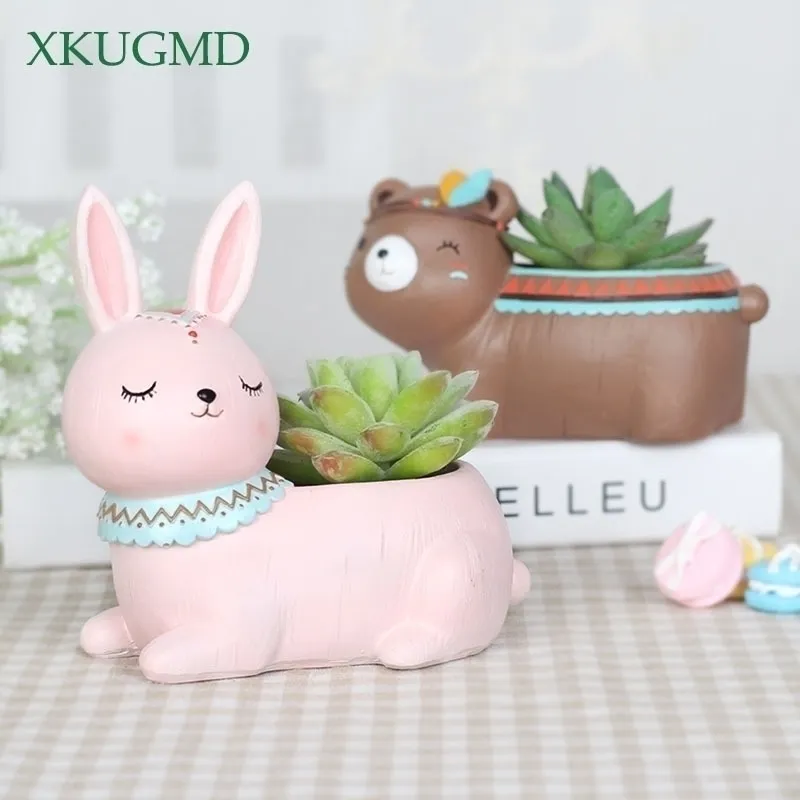 Mignon Dessin Animé Animal Flowerpot Résine Plante Succulente Vase Éléphant Cerf Ours Planteur Pot Décor À La Maison Artisanat Bonsaï Y200709