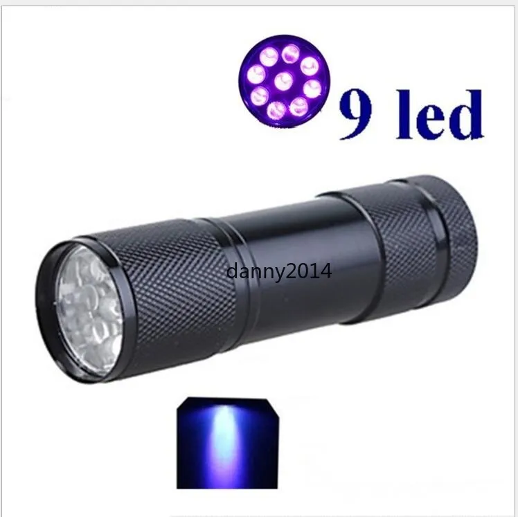 395nm UV-ficklampa Mini 9 LED Lila ljus ficklampor Toch Vattentät Aluminium Alloy Torch Blacklight Detector för hund urin husdjursfläckar