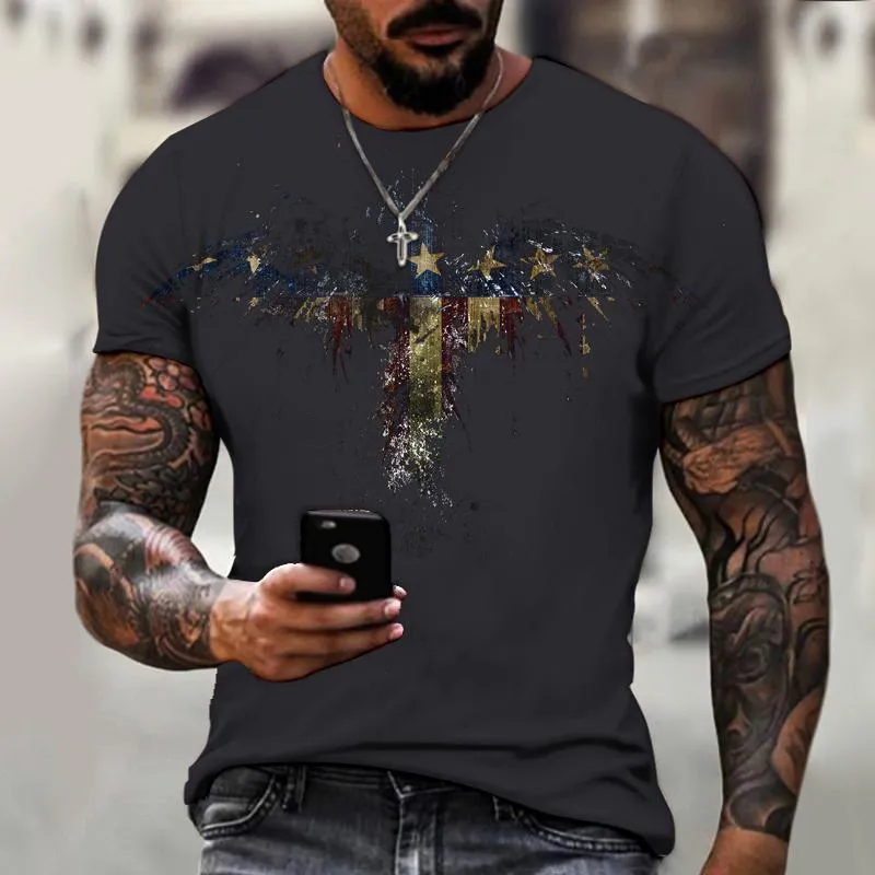 T-shirts pour hommes - Vente T-shirt 3D drapeau cinq étoiles pour hommes Tops à la mode d'été Quotidien décontracté à manches courtes col rond High Street WearMen's