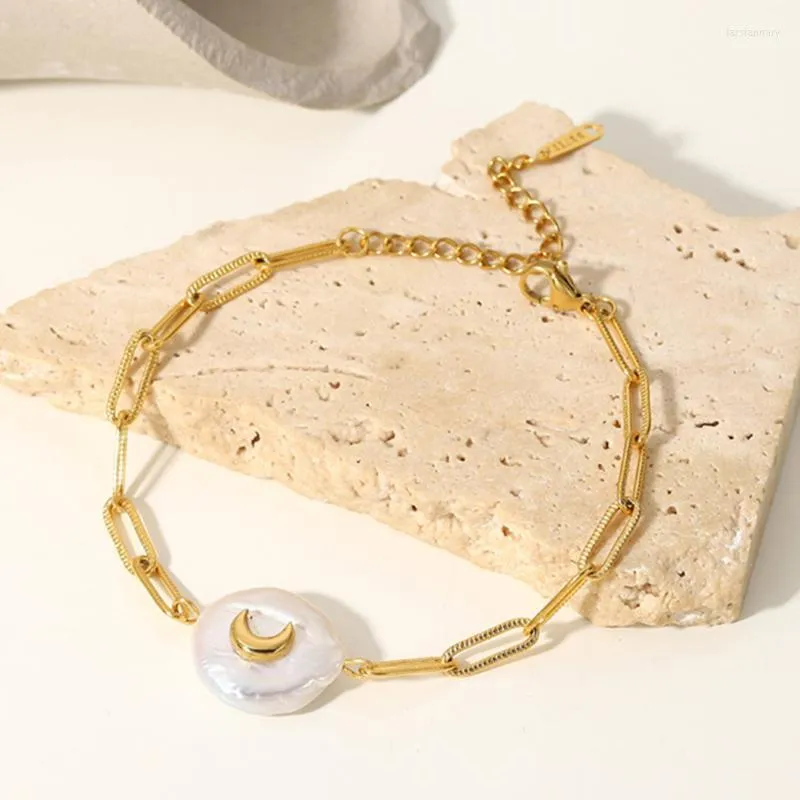 Link Chain GAIRU Boho Crescent Embellished Freshwater Pearl Textured Cross Hand Jewelry 18K Gold Stainless Steel Ladies BraceletLink Lars22