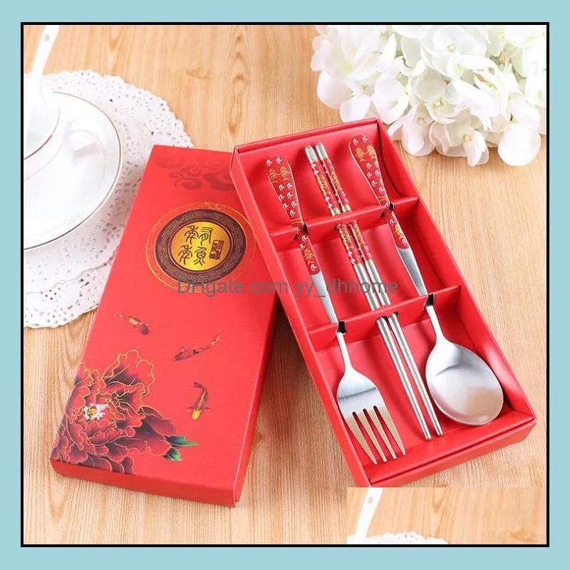 wedding gift favors purple flowers stainless steel fork spoon and chopsticks 3 in 1 set 100sets wholesale sn1645