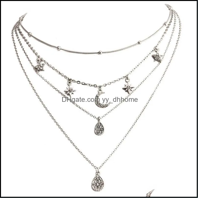 Silver Color Fashion New Arrival Full Moon Pentacle Drop Pendant Women`s Multi - Layer Necklace Jewelry Accessories