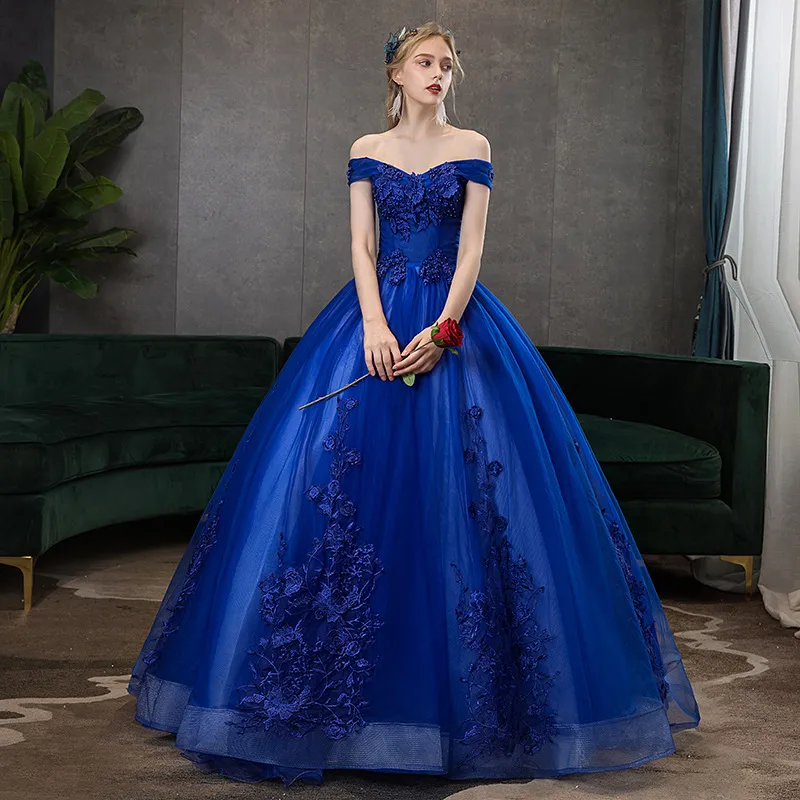 Elegante abito da sera gonfio blu royal con applicazioni 2022 spalle scoperte 15 anni dolce 16 abiti da ballo da donna corsetto abiti da festa formale abiti da gala