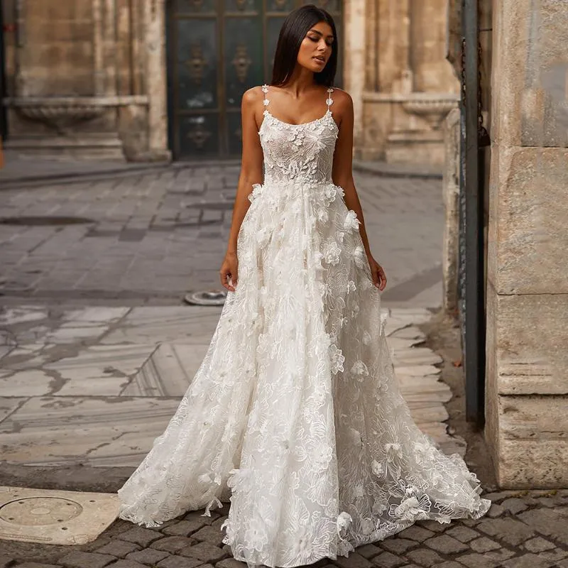 Autres robes de mariée exquise bretelles spaghetti mariée sans manches dentelle appliques fleurs 3D a-ligne fermeture éclair dos robesAutre