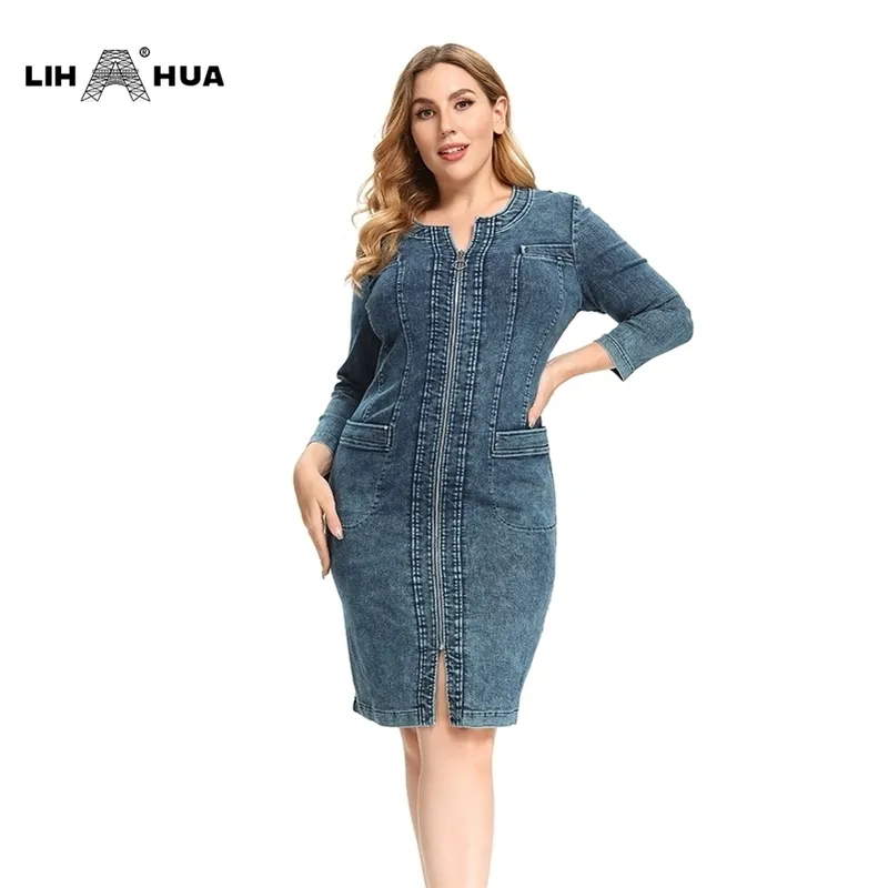 Lih Hua dames plus size denim jurk hoge flexibiliteit slanke fit jurk casual gebreide jurk 210303