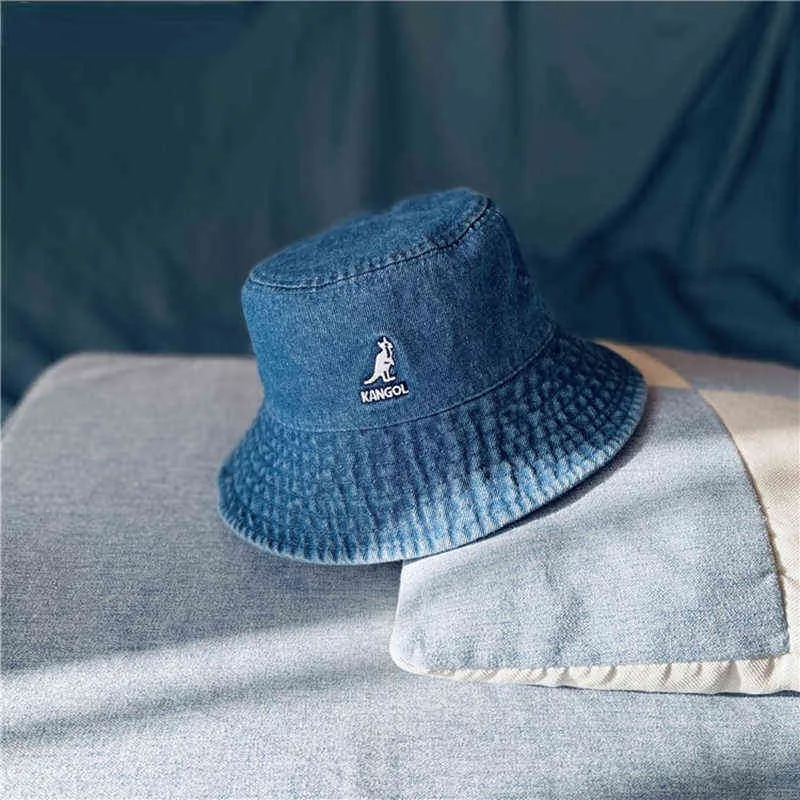 Kangol Vintage Tide 브랜드 캥거루 씻어 탄닌 데님 어부 모자 여성용 남성용 여름 빅 브림 플랫 탑 분지 모자 유니섹스 H220419