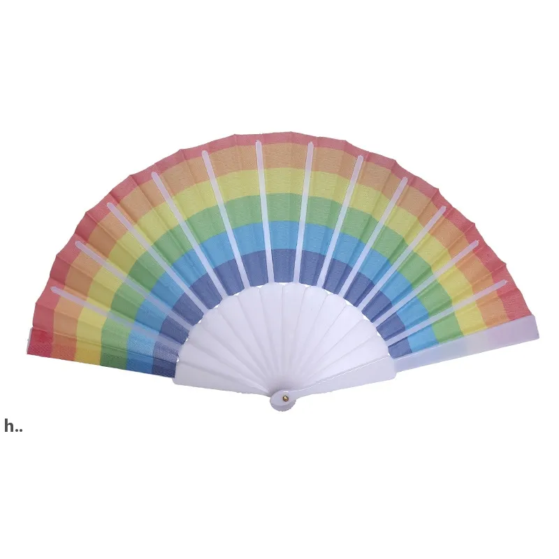 Mode vouwen Rainbow Fan Plastic Printing Kleurrijke Ambachten Home Festival Decoratie Craft Stage Performance Dance Fans 43 * 23cm Zze13618