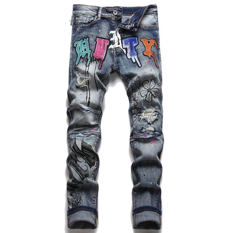 2022 Summer Punk Men's Jeans imprimé pantalon en denim de coton Fashion Urban Mid Waist Casual Pantal