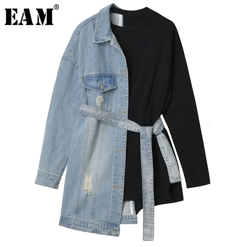 EAM Löst fit denim Split Bandage Sweatshirt rund hals långärmad kvinnor stor storlek mode våren hösten 1H839 201203