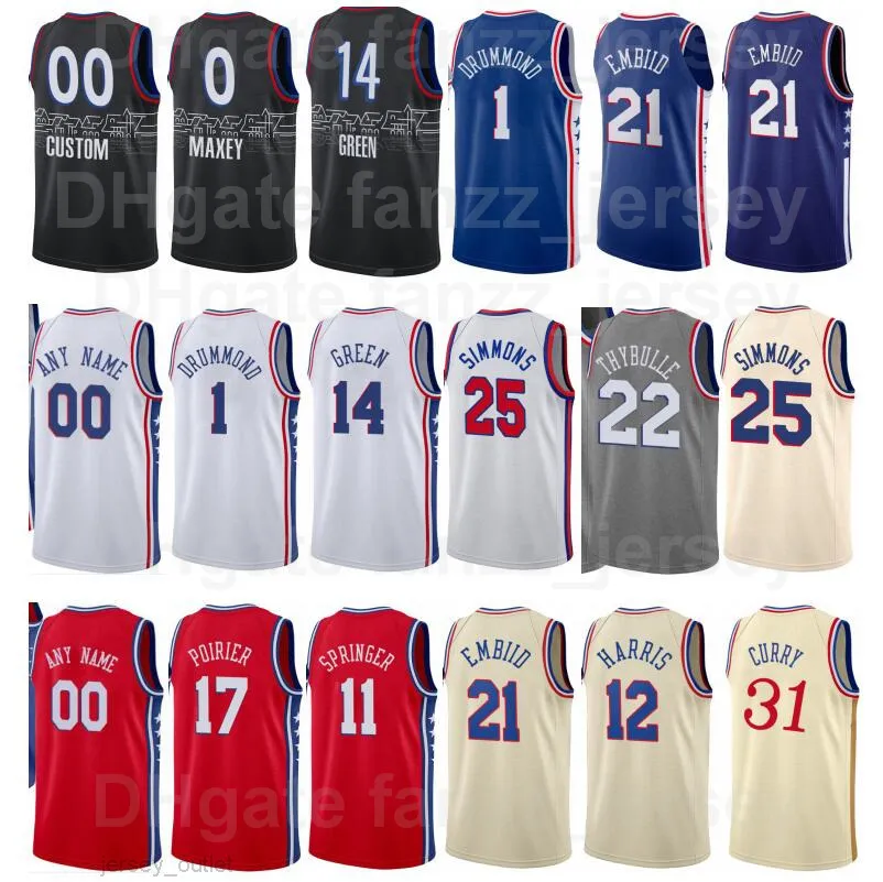 Tela de basquete impresso Tobias Harris Jersey 12 Joel Embiid 21 Ben Simmons 25 Seth Curry 31 Shake Milton 18 FURKAN KORKMAZ 30 AZUL BRANCO BLEGE BEIGE MAN MULHIMAS MUNIMAS MUNIMAS