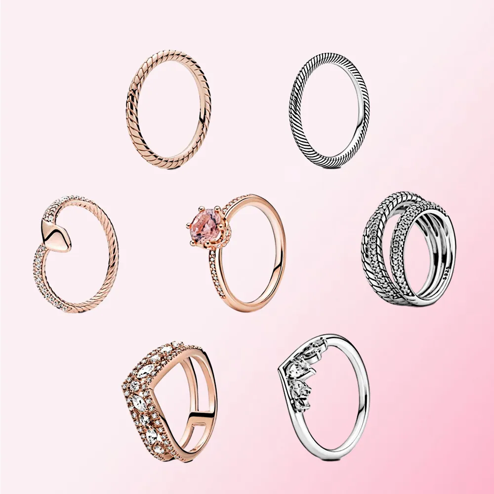 925 Sterling Silver Rings Rose Pink Farmling Marquise Double Wishbone Crown Solitaire Triple Band Pave Heart Original Fit Pandora Ring Jewelry Making DIY Gift