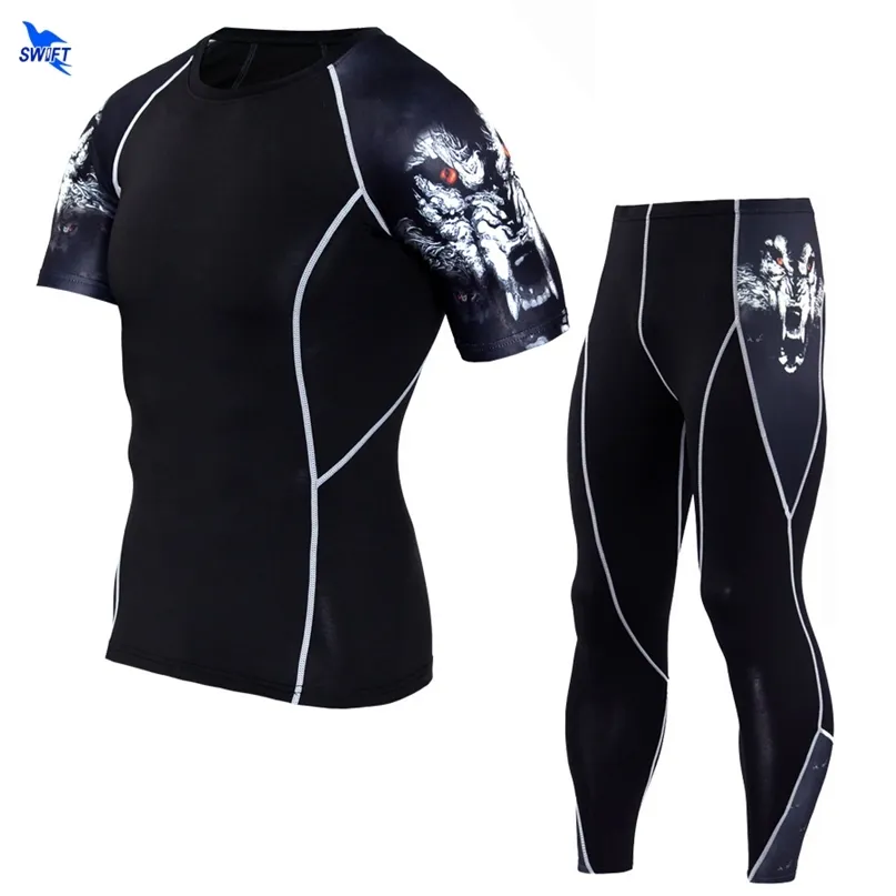 Anpassade män Komprimering Tracksuit Short Sleeve Shirts Leggings 2 PCS Sports Suit 3D Printed Jogging Fitness MMA Running Set 220704