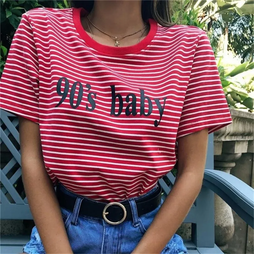 Frauen Casual Brief Gedruckt Cropped Top Hemd Tumblr Rot Gestreiften Baumwolle T-shirt Mode Sommer Weibliche Lose Nette Top T T200110