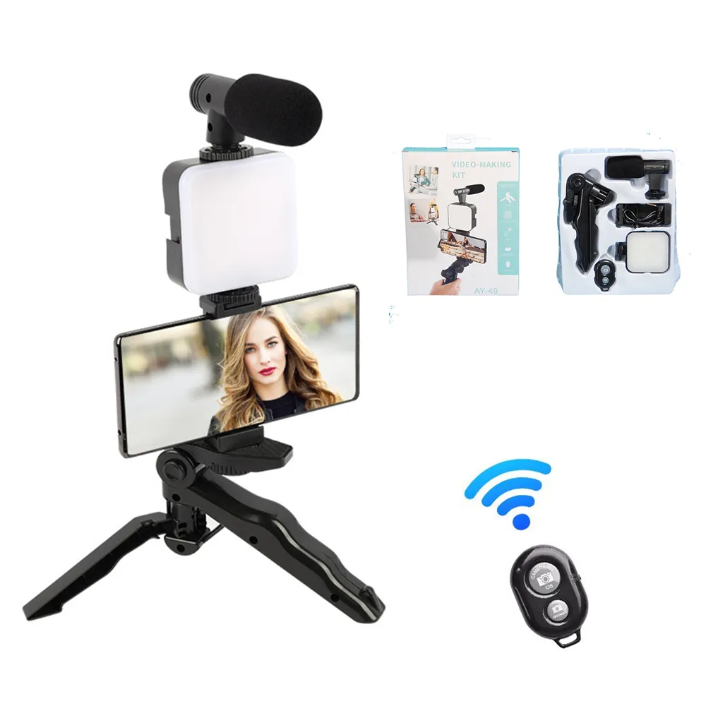AY49 LED Video Yapımı Hafif Mic Selfie Stick Tripod Stand Kamera Kiti Bluetooth için Telefon Tutucu için Vlogging Tick Stüdyo Lambası