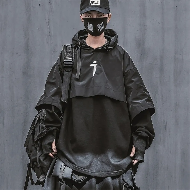 Spring Streetwear Мода Толстовка Techwear Kanji Лоскутное капюшон для мужчин 220406