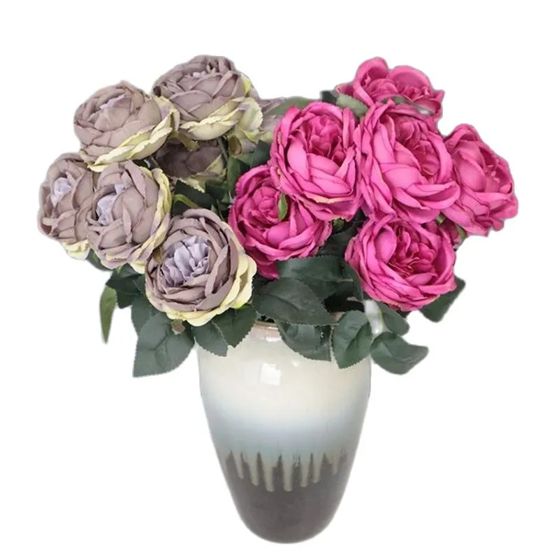 Une fausse fleur fourrée Rose 10 têtes par bouquet Simulation automne ronde Rosa pour centres de table de mariage