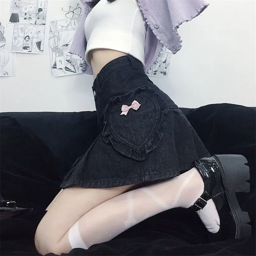 Houzhou Pastel Goth Black Denim Rok Dames Harajuku Gothic Hoge Taille Boog Pocket Kawaii Geplooid Mini Rokken E Girl Streetwear 220322