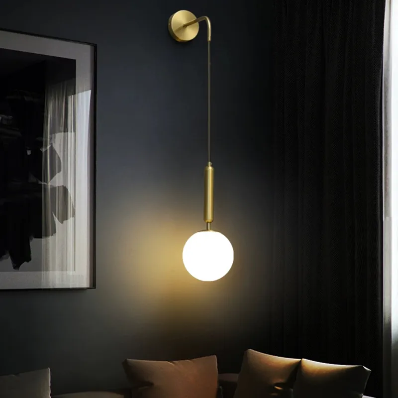 ノルディックLEDモダンなガラスボール吊りワイヤーウォールランプ真鍮/黒いリビングルームのベッドルームベッドサイドリーディングランプ付き