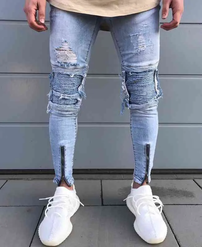 2017 Mens Distressed Skinny Denim Joggers Ripped Biker Jeans With Zippers Slim Fit Motorcycle Style From Sihuai03 19.96 DHgate.Com