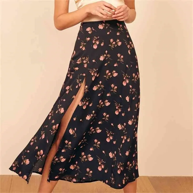 Kobietowa spódnica moda elegancka vintage czarne kwiatowe spódnice damski nowa wysoka talia spódnica midi seksowna boczna szczotka spódnice 210331
