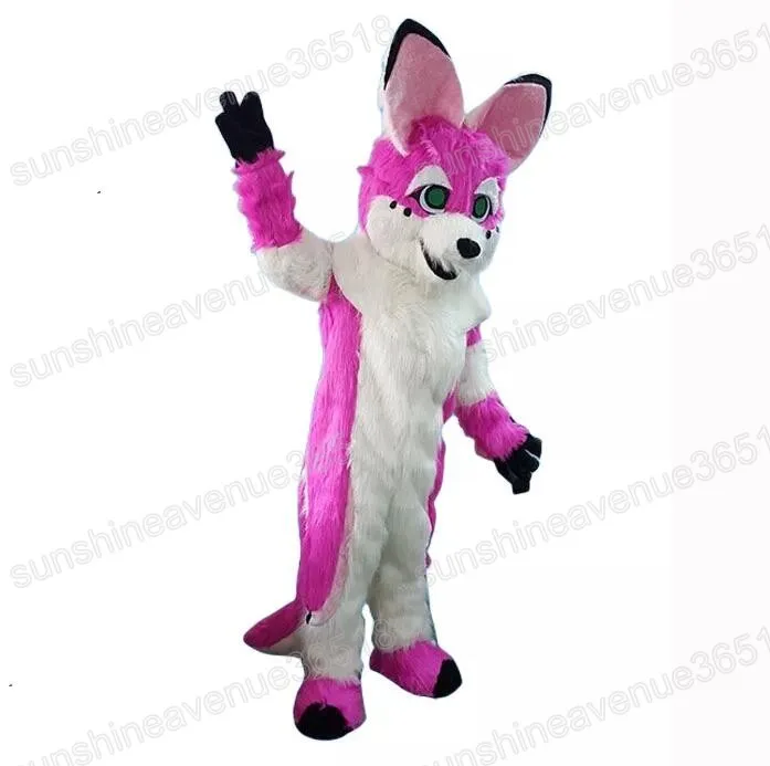 Halloween Long Fur Furry Husky Dog Mascot Cartoon Thema Character Carnival Festival Fancy Dress Kerstmis Maat Party Outfit Pak