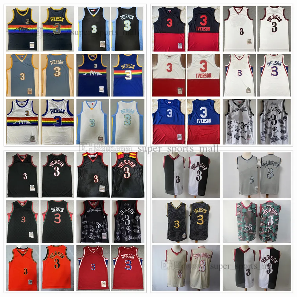 Retro gestikte basketbalshirts 3 Iverson Jersey 1996-97 1997-98 2003-04 Verschillende teams Heren Dames Jeugd Maat XS-XXL