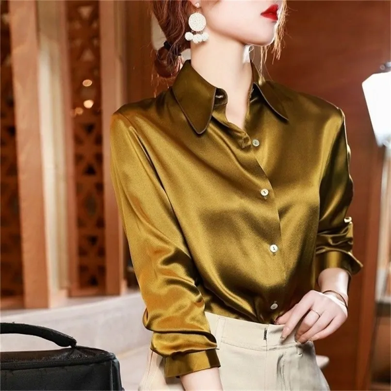 Varumärkeskvalitet Lyxiga kvinnor Skjorta Elegant Office -knapp upp långärmad skjortor Momi Silk Crepe Satin Bluuses Business Ladies Top 220623