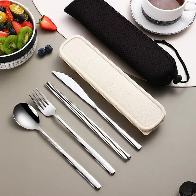 Stainless Steel Flatware Set Portable Cutlery Sets For Outdoor Travel Picnic Dinnerware Set Metal Straw With Box And Bag Kitchen Utensil