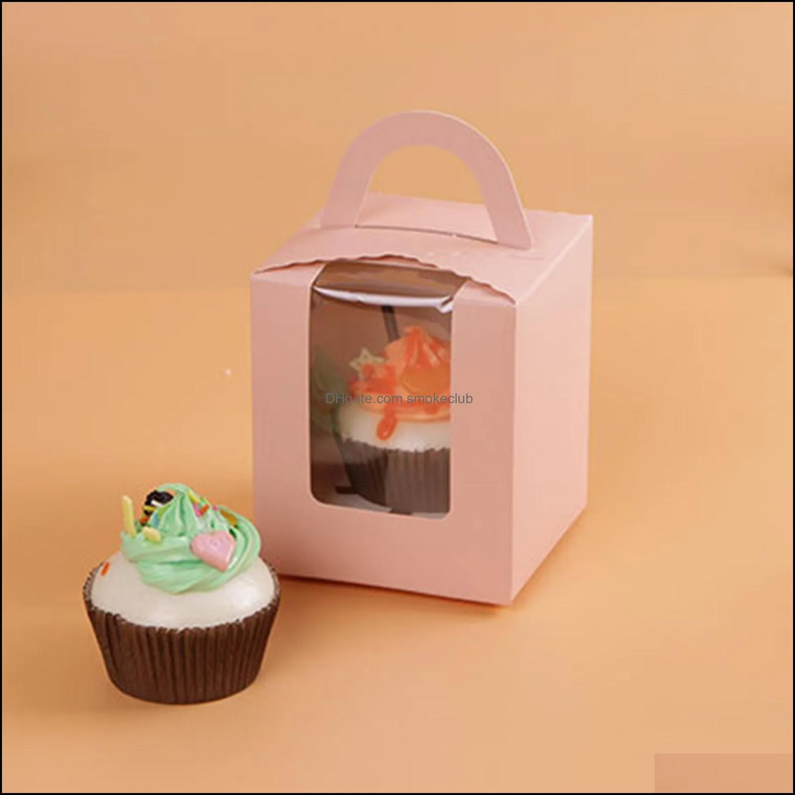 50pcs Cupcake Box with Window and Handle Carrier Small Cake Gift Container for Bakery Wedding Party Birthday Supply DNJ998